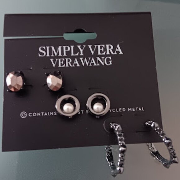 VERA WANG Goth 3pc Gunmetal Hematite Crystal/Circle & Pearl/Spike Hoop Earrings - Picture 2 of 3